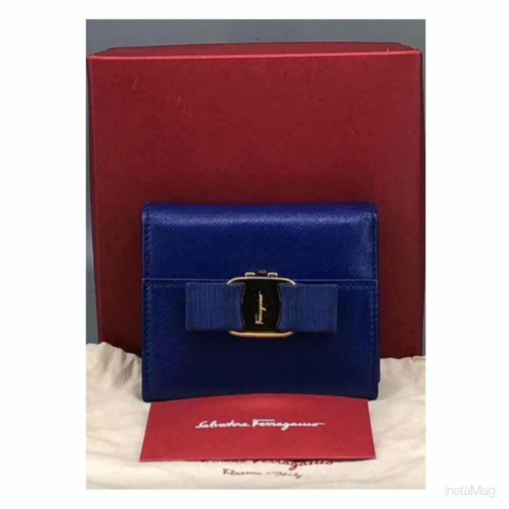 Authentic Salvatore Ferragamo Royal Blue Card Holder Wallet with Bow Accent